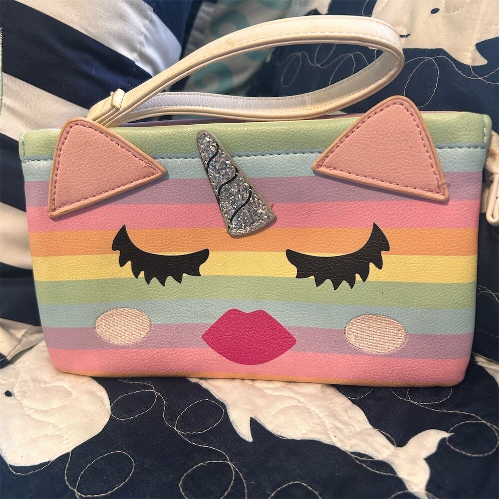 Betsey Johnson Wristlet Clutch Purse Rainbow Unicorn Glitter Horn Small